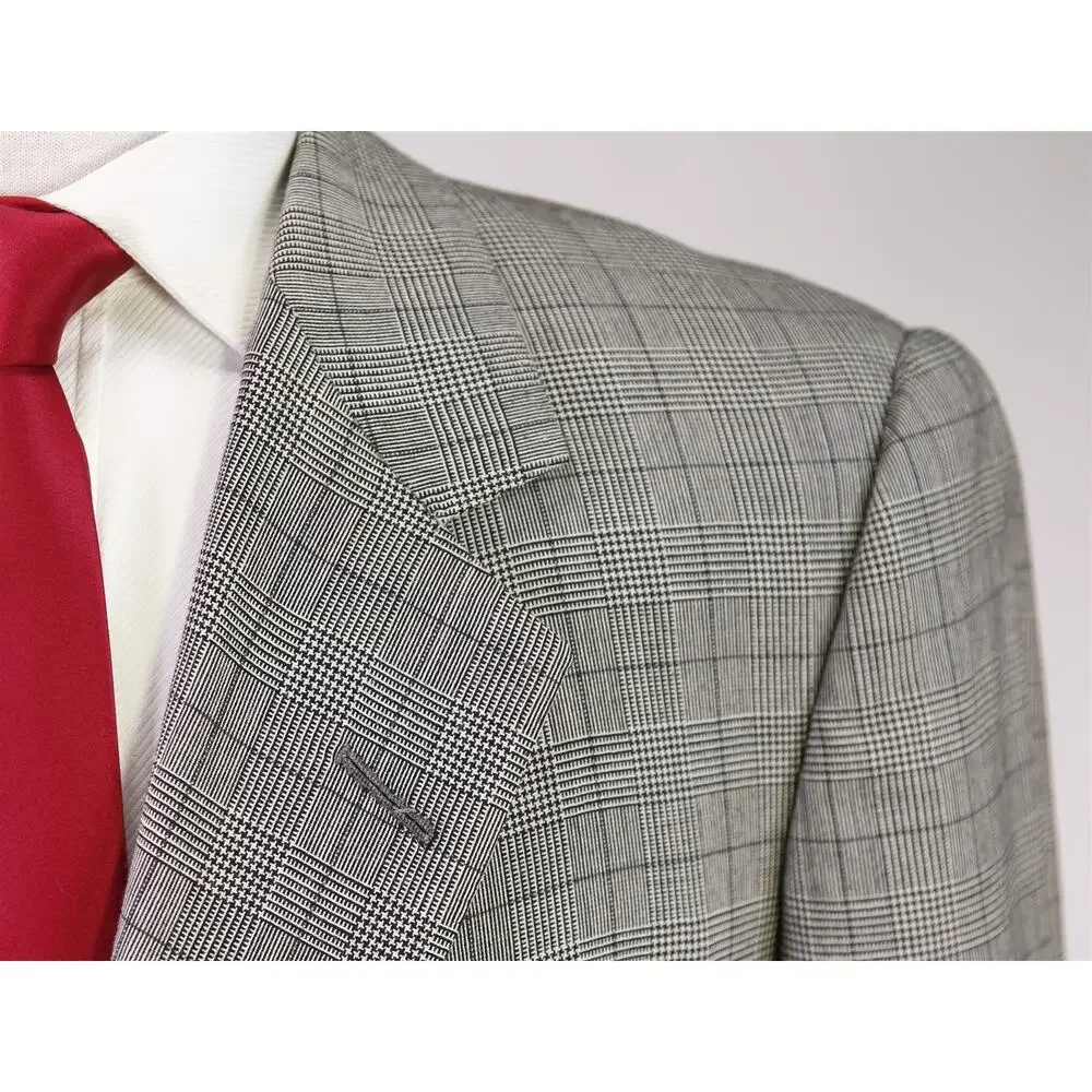Edgar Pomeroy Bespoke Tan Black Plaid 2-Btn Handmade Wool Suit 38S